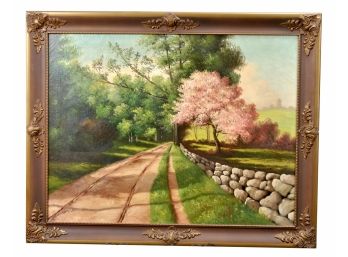 Large Vintage Country Road Landscape Oil On Canvas Painting - Signed Lample