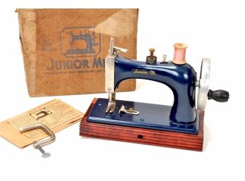 Vintage Artcraft Junior Miss Blue Sewing Machine - Wood Base - Original Box, Made In CT