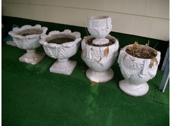 Five Vintage Cement / Concrete - Garden Pots (2 Pair 1 Single) - Old White Paint