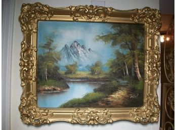 Beautiful Small Oil On Canvas Painting Of A Mountain Stream In Very Ornate Gilt Frame Signed MILLET