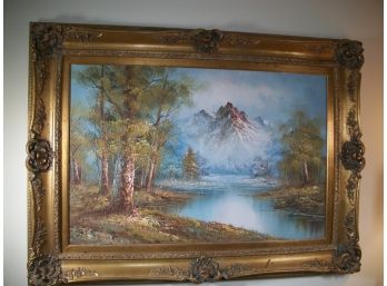 HUGE Vintage Oil On Canvas Painting Mountains / River In Ornate Gold Frame  - Signed Campbell