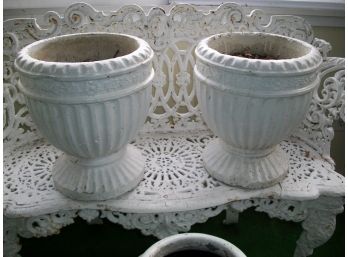 Pair Vintage Fluted Concrete Urns Along W/ Large Strawberry Pot