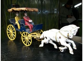 Fantastic Antique Cast Iron Horse And Buggy W/Original Canopy Top & Figures