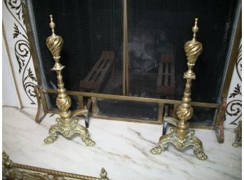 Fabulous High Quality Antique Pair Brass Andirons W/Paw Feet / Comes W/Screen & Log Holder