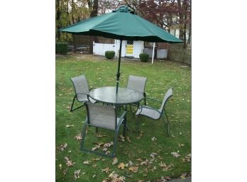 Outdoor Table & Chairs With Cast Iron Umbrella Stand & Lighted (Solar) Umbrella