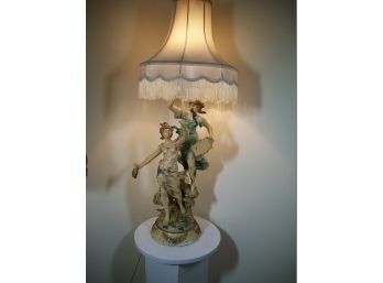 Fabulous Antique French (Painted Zinc) Lamp & Fringe Shade By Moreau W/Pedestal
