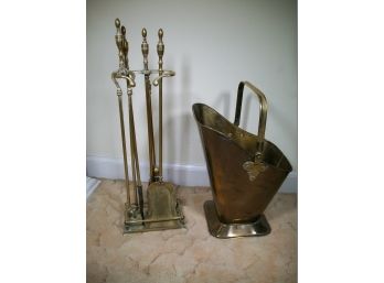Lovely Quality Solid Brass Vintage Fireplace Tools & Coal Bucket - High Quality Pieces !