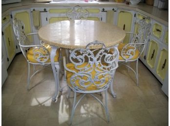 Beautiful Vintage Cast Metal Table & Chairs W/VERY Unusual Top (Lucite & Abalone)