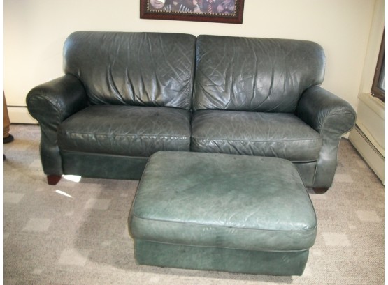 Nice Green Leather Couch & Over Sized Ottoman - Made In Italy - VERY High Quality - 'Lots Of Patina'