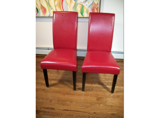 Pair Of Bright Red 'Parsons Chairs' W/Black Legs - Nice Pair !