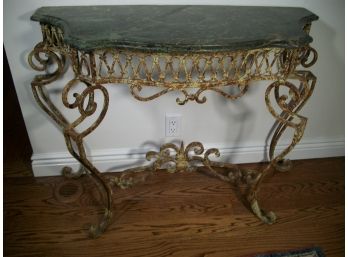 Fabulous Antique French Wrought Iron Console Table W/Green Marble Top - AMAZING !