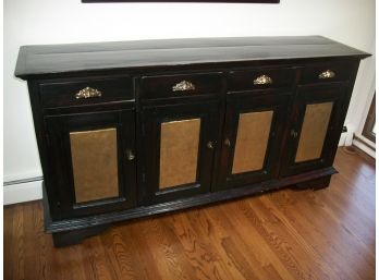 Handsome Black Cabinet / Sideboard  W/Gold Panels & Brass Hardware -(Has Key For Every Door)