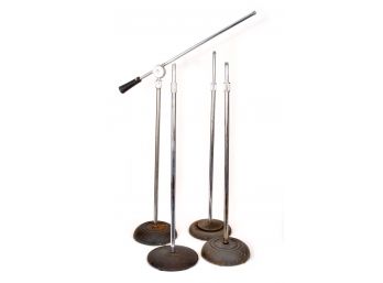 4- VINTAGE ATLAS SOUND CORP ADJUSTABLE MICROPHONE STANDS - ONE W/BOOM