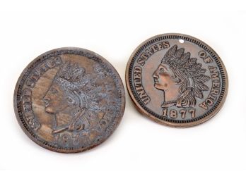 TWO LARGE 3' DIAMETER 1877 INDIAN HEAD PENNY MEDALS #3