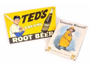 Lot Of 2 Signs - Enameled Porcelain Ande Rooney Uneeda National Biscuit Co & Ted's Creamy Root Beer