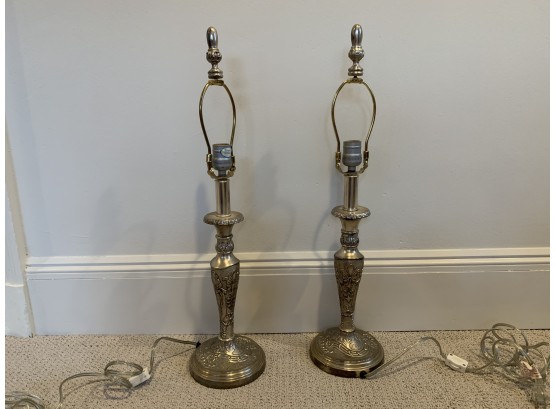 Pair Of Detailed Metal Candlestick Style Lamps