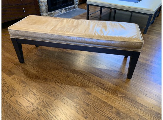 Nicely Worn Leather Cushion Wood Frame Bench