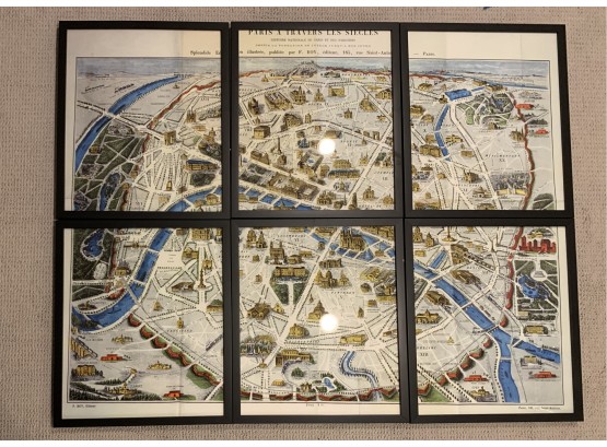 Set Of Six Framed Print Images Of An Antique Paris Map
