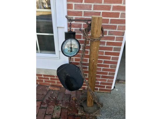 Wood Post With Iron Hanger And Decorative Scale