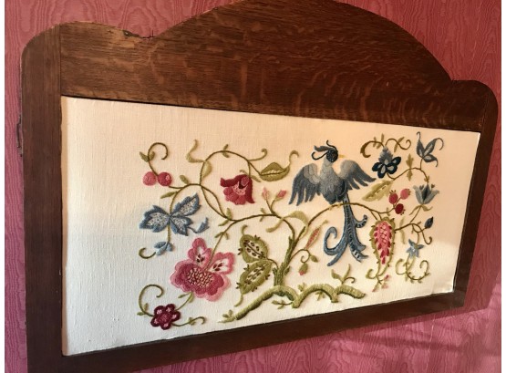 Antique Crewel With Bird On Wood Frame