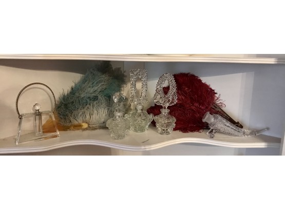 Fancy Collection Of Vintage Feather Fans And Glass Perfume Bottles
