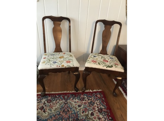 Pair Of Wooden Chairs With Handmade Crewel Cushions