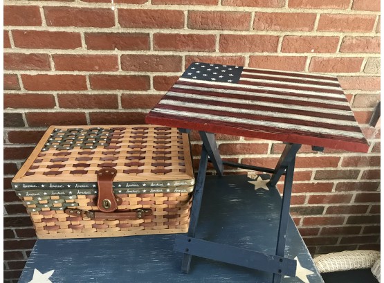 Stunning Americana Picnic Basket And Folding Flag Table