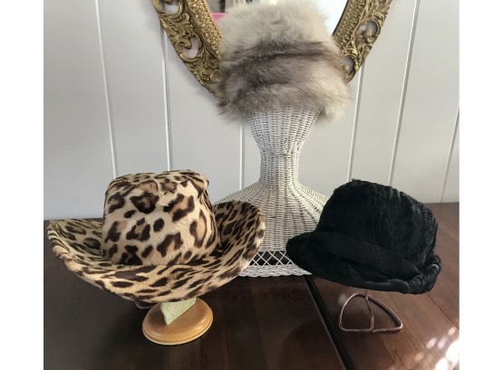 3 Vintage Fur Hats Including Fox ,Persian Lamb And Cow