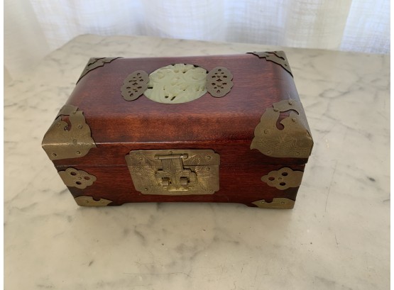 Chinese Rosewood Jewelry Box With Carved Jade Inlay