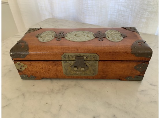 Asian Jewelry Box With Carved Jade & Floral Satin Lining