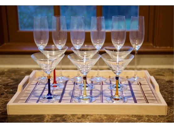 Wolfum Wood Tray, Six Martini Glasses With Different Colored Stems And Six Champagne Glasses