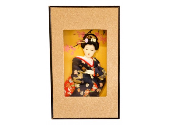 Japanese Porcelain Geisha Girl Framed In Shadow Box