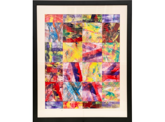 Bright Colorful Framed Watercolor Conjoined Squares Painting