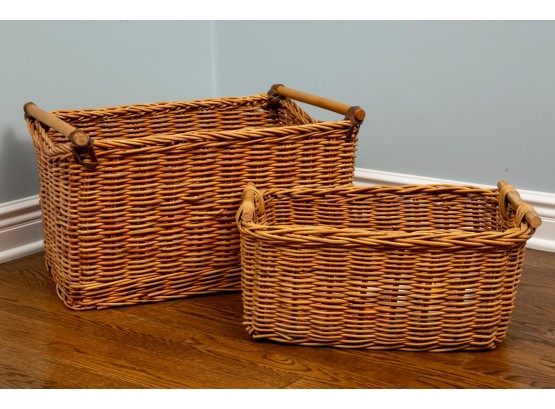 Two Handmade Wicker Baskets With Wood Rod Handles And Leather Ties