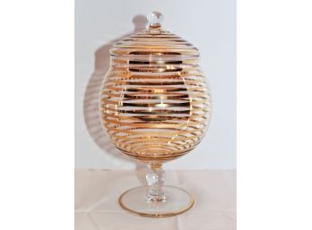 Pretty Vintage Clear Gold Banded Pedestal Candy Jar W/Lid