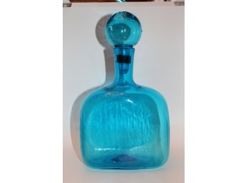Vintage Turquoise Blue Hand Blown Glass Decanter With Stopper
