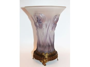 Stunning Vintage Lalique Look Josef Inwald Glass Iris Vase W/Pierced Brass Base