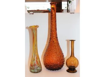 Three Vintage Orange/Amber/Brown Hand Blown Vases