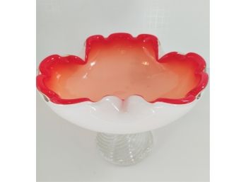 Very Nice Peachy Cased Footed Ruffled Edge Candy Dish