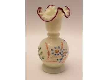 Vintage Opaque Hand Blown, Painted Ruffled Edge Bud Vase