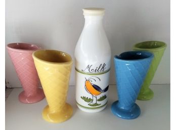 Vintage Milk Glass Milk Bottle & Four Colorful Ceramic Waffle Cone Ice Cream Dishes