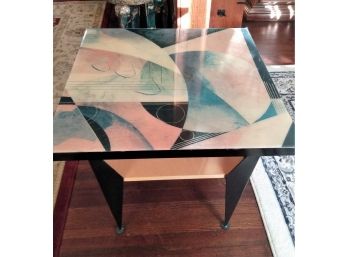 Custom Made Circa 1980 Retro Lacquer Top Wooden Contemporary Abstract Design Side Table