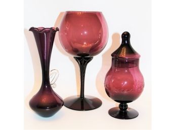 Three Purple Art Glass Vases, Candy Dish