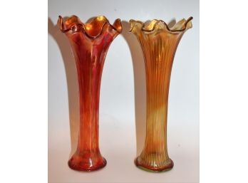 Two Vintage Iridescent Amberina Suing Flower Vases