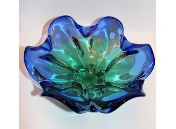 Beautiful Vintage Bohemian  Czech  Chribska Josef Hospodka  Green To Royal Blue Art Glass Bowl