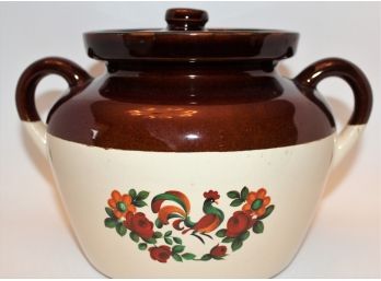 Vintage McCoy Crockery Floral/Rooster Painted Bean Pot With Lid