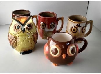 Adorable Lot Of Ceramic Owl Mugs & Lidded Sugar Dish