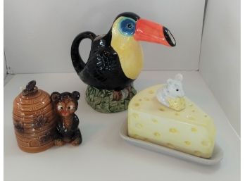 Cute Mixed Lot Vintage Ceramics, Toucan Pitcher, Bear Honey Jar, Mouse/Cheese Dish