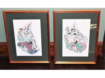 Pair Of Lovely Asian Matted & Framed Cut Paper Colorful Dancing Deities