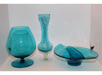 Three Vintage Turquoise Blown Glass Art Glass